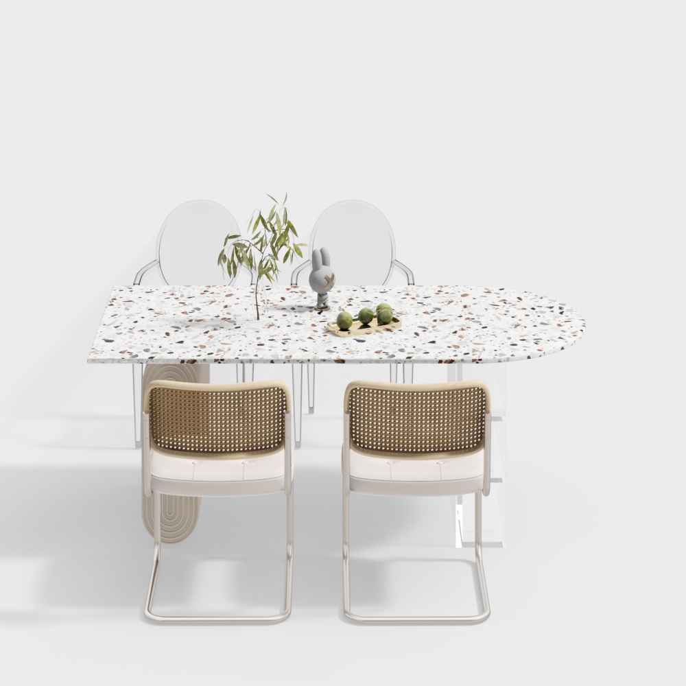 Urban Dining Table 3D Model – Marble Top with Woven Chairs
