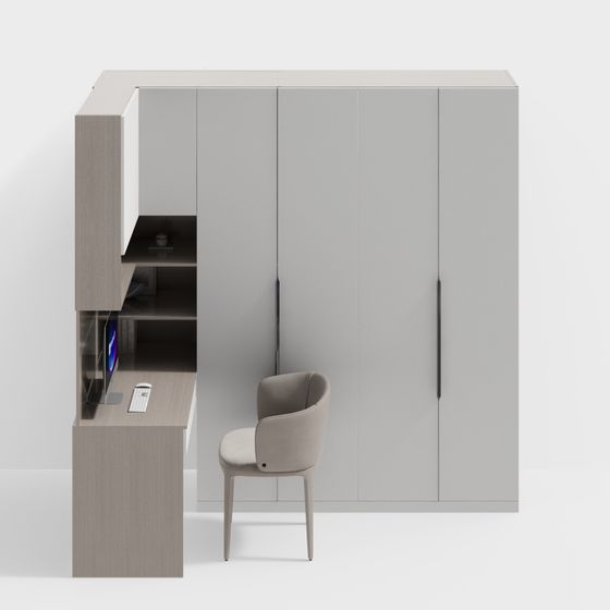 Modern Wardrobe with Corner Desk 3D Model in Beige