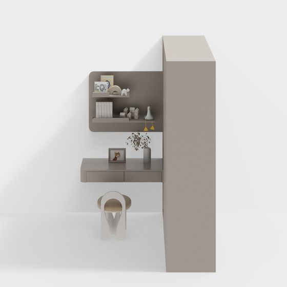 Gray Modern Wardrobe with Corner Desk 3D Model