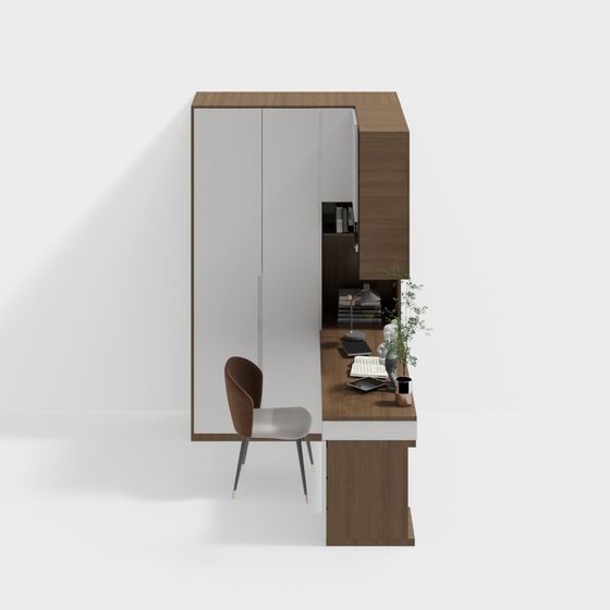 Brown Modern Wardrobe with Corner Desk 3D Model
