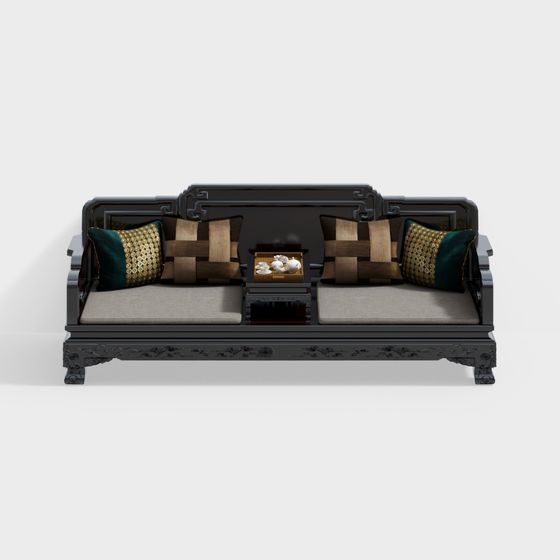 Black Chinese Solid Wood Double Sofa 3D Model