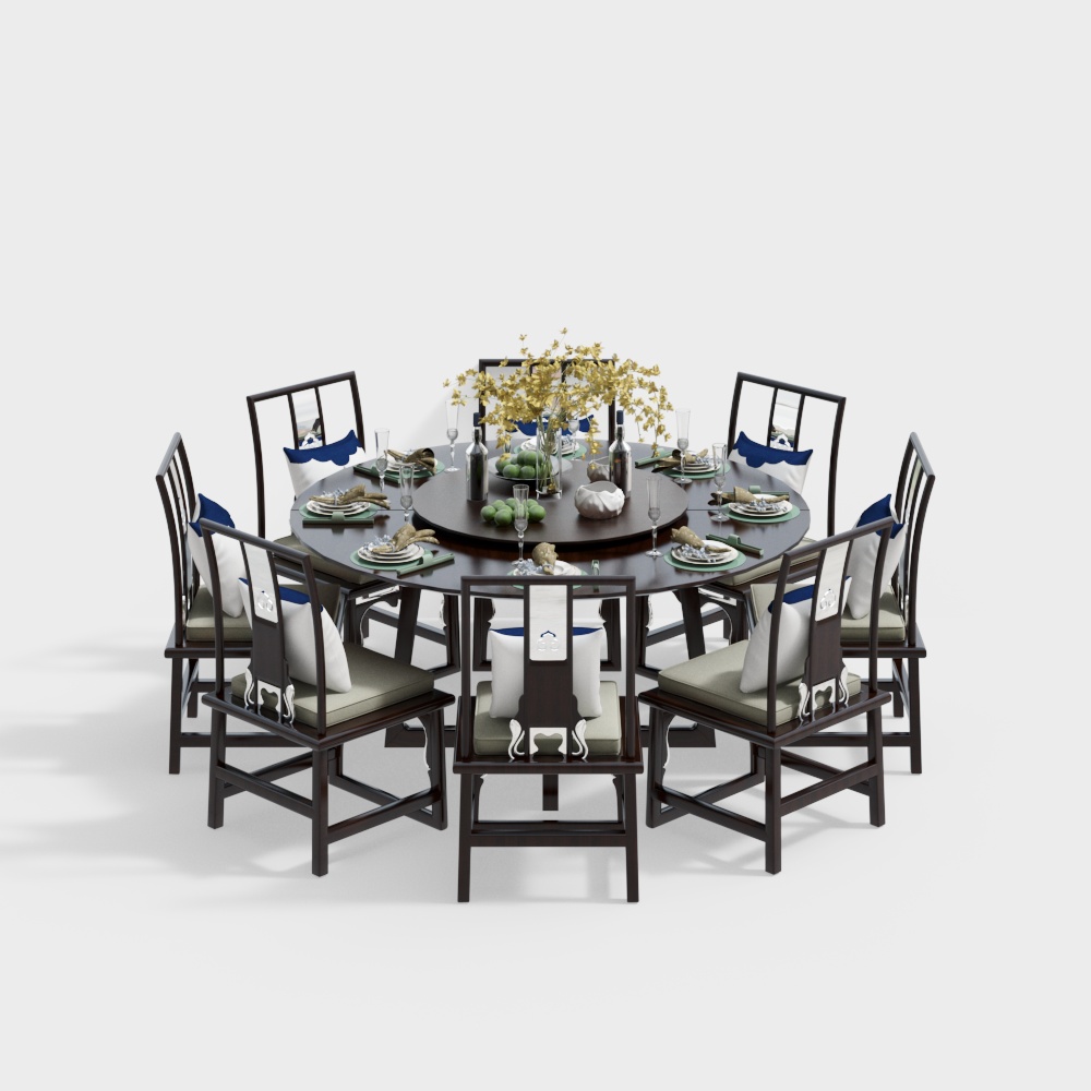 Elegant Dining Table and Chair 3D Model – Dark Wood & Blue Accents