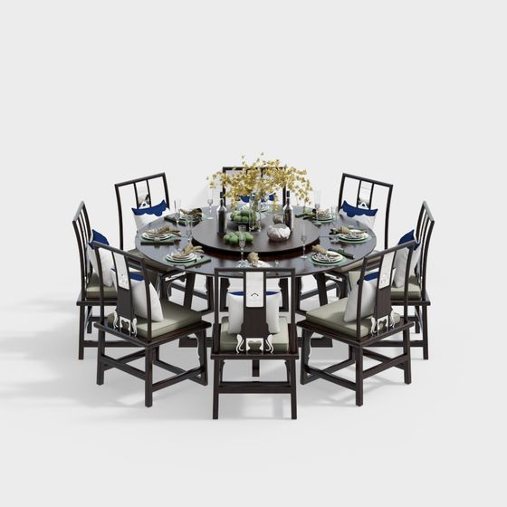 Black Chinese Round Eight-Seat Dining Table and Chairs Set 3D Model