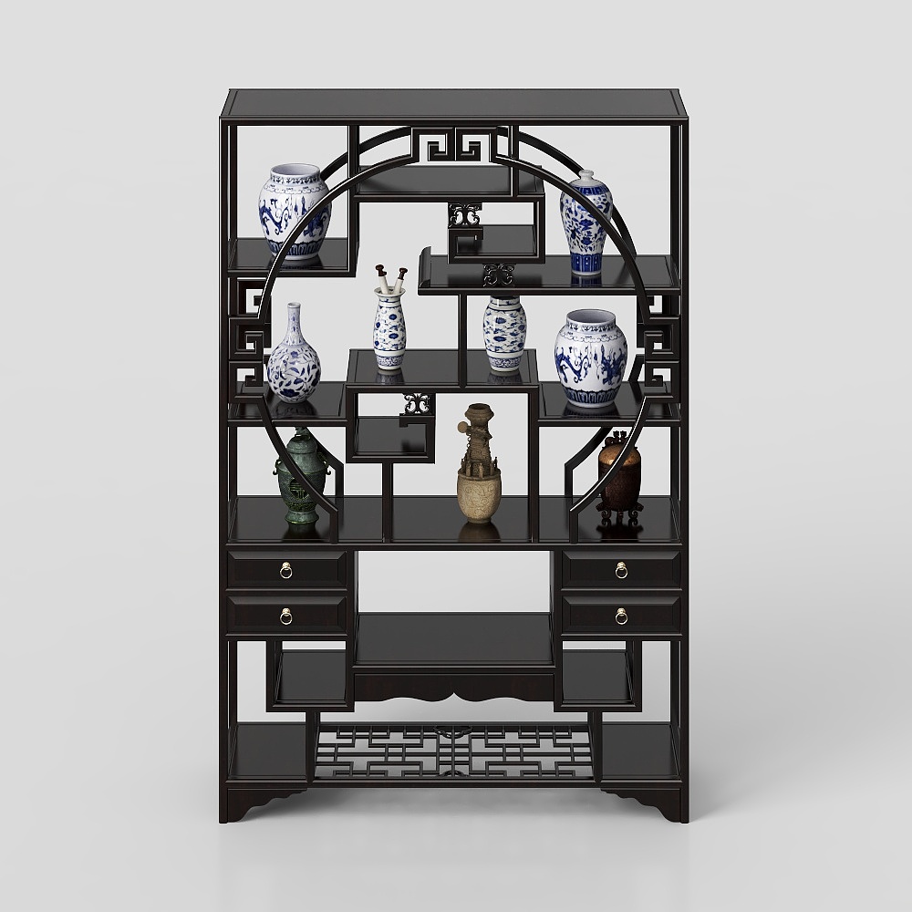 Elegant Chinese Bookshelf 3D Model – Dark Wood Design