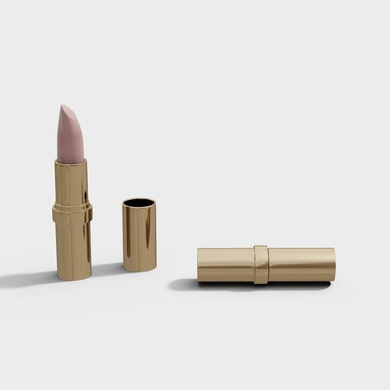 Pink lipstick in shiny gold case with cap off and closed tube on white background