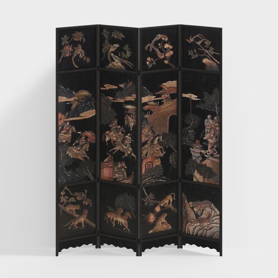 Elegant Oriental Folding Screen 3D model