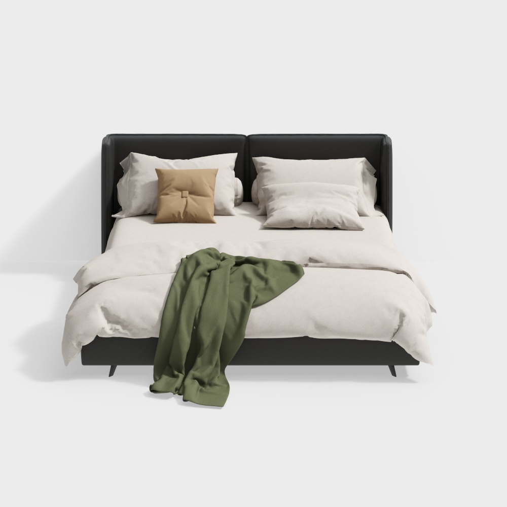 Modern Minimalist Bed 3D Model – Low-Poly Leather Design