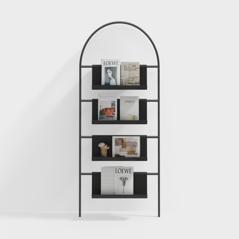 Stylish Low-Poly Bookshelf 3D Model – Arched Black Metal