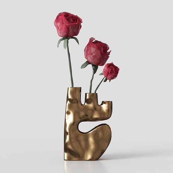 Metal Art Vase 3D Model with Roses