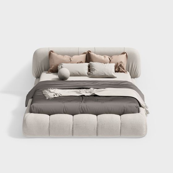 Beige Cream Style Double Bed 3D Model