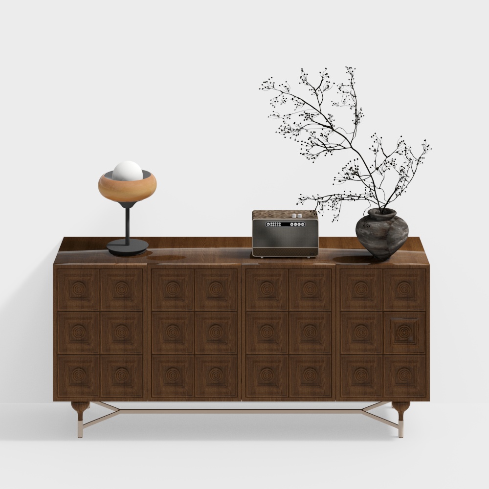 Retro Wooden Side Cabinet 3D Model – Vintage Carved Wood