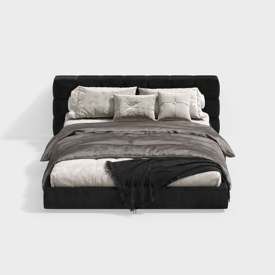 Modern Double Bed 3D Model in Black Finish