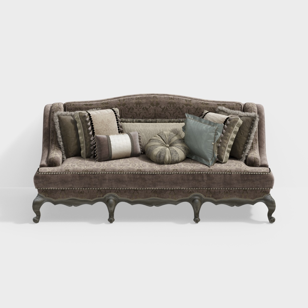 Elegant Vintage Sofa 3D Model – Brown Velvet & Gold Pattern