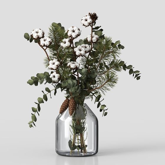 Elegant Cotton and Pine Arrangement 3D model