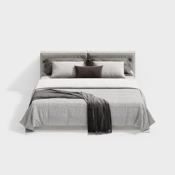 Modern Minimalist Bedroom Double Bed 3D Model in Gray