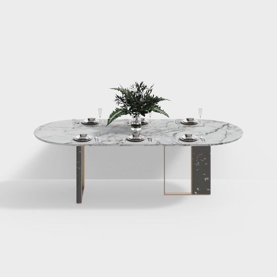 Elegant Oval Marble Dining Table 3D model