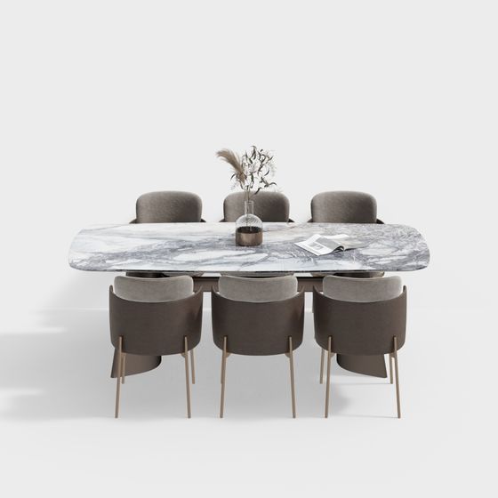 Marble Dining Table with Leather Chairs 3D model