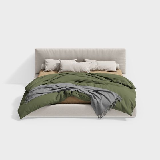 Modern Minimalist Double Bed 3D Model in Beige
