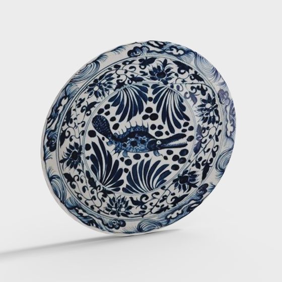 Low Poly Blue and White Porcelain Plate 3D Model