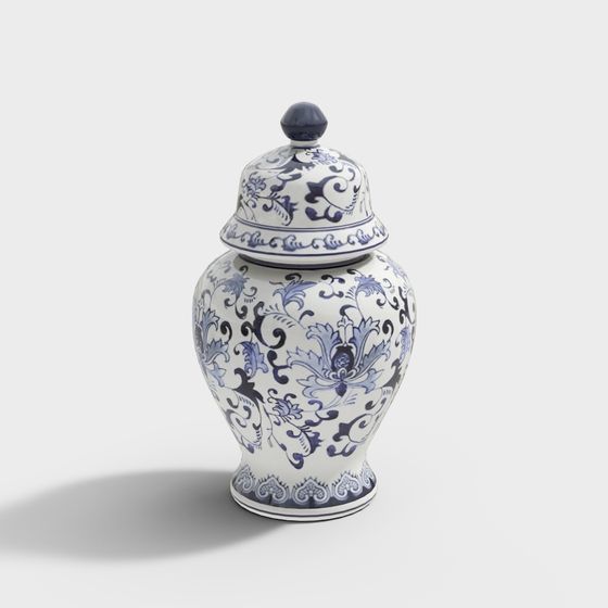 Elegant Blue and White Porcelain Jar 3D model