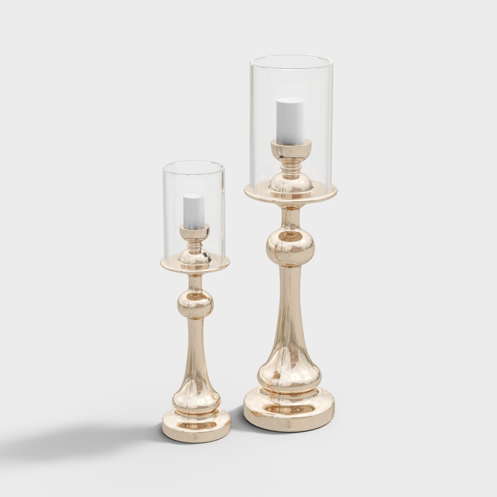 Elegant Candle Holder Set 3D Model – Golden Glass Design