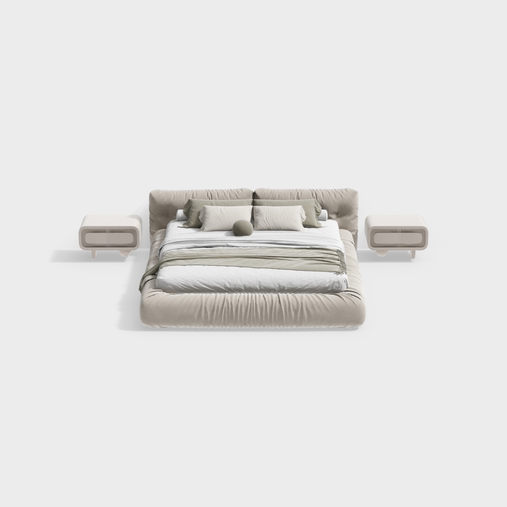 เตียงคู่สีเบจชุดสไตล์มินิมอลโมเดิร์น