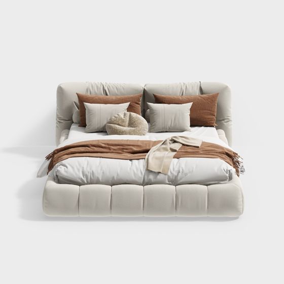French Cream Style Beige Double Bed 3D Model
