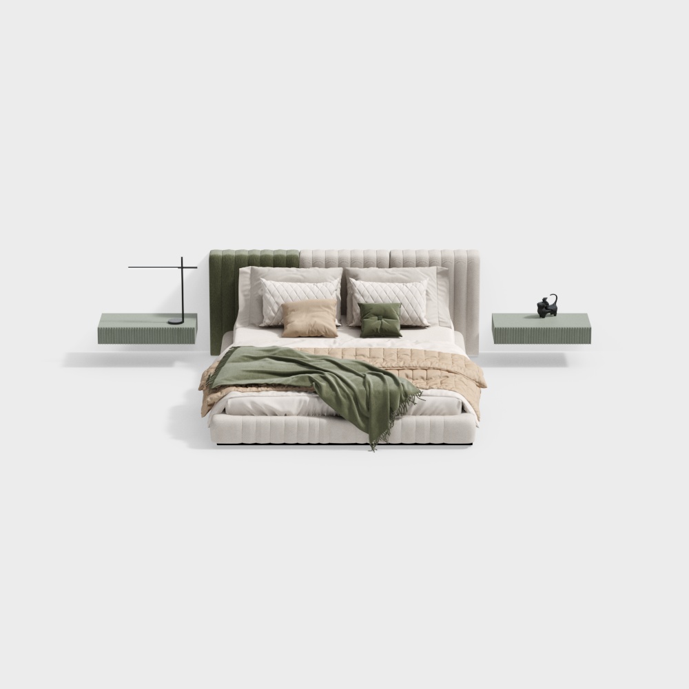 Combinaison de lit double blanc et vert de chambre minimaliste moderne