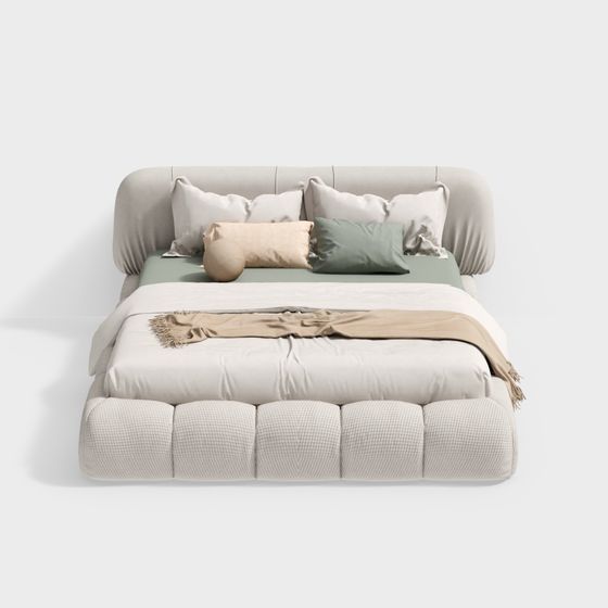 Cream Style Bedroom Beige Double Bed 3D Model