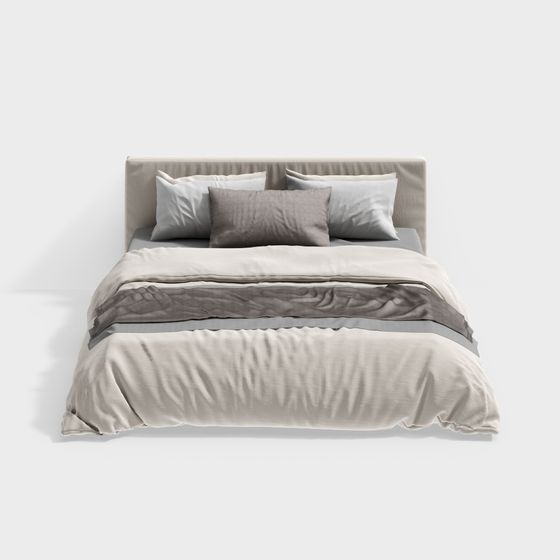 Modern Minimalist Double Bed 3D Model in Beige