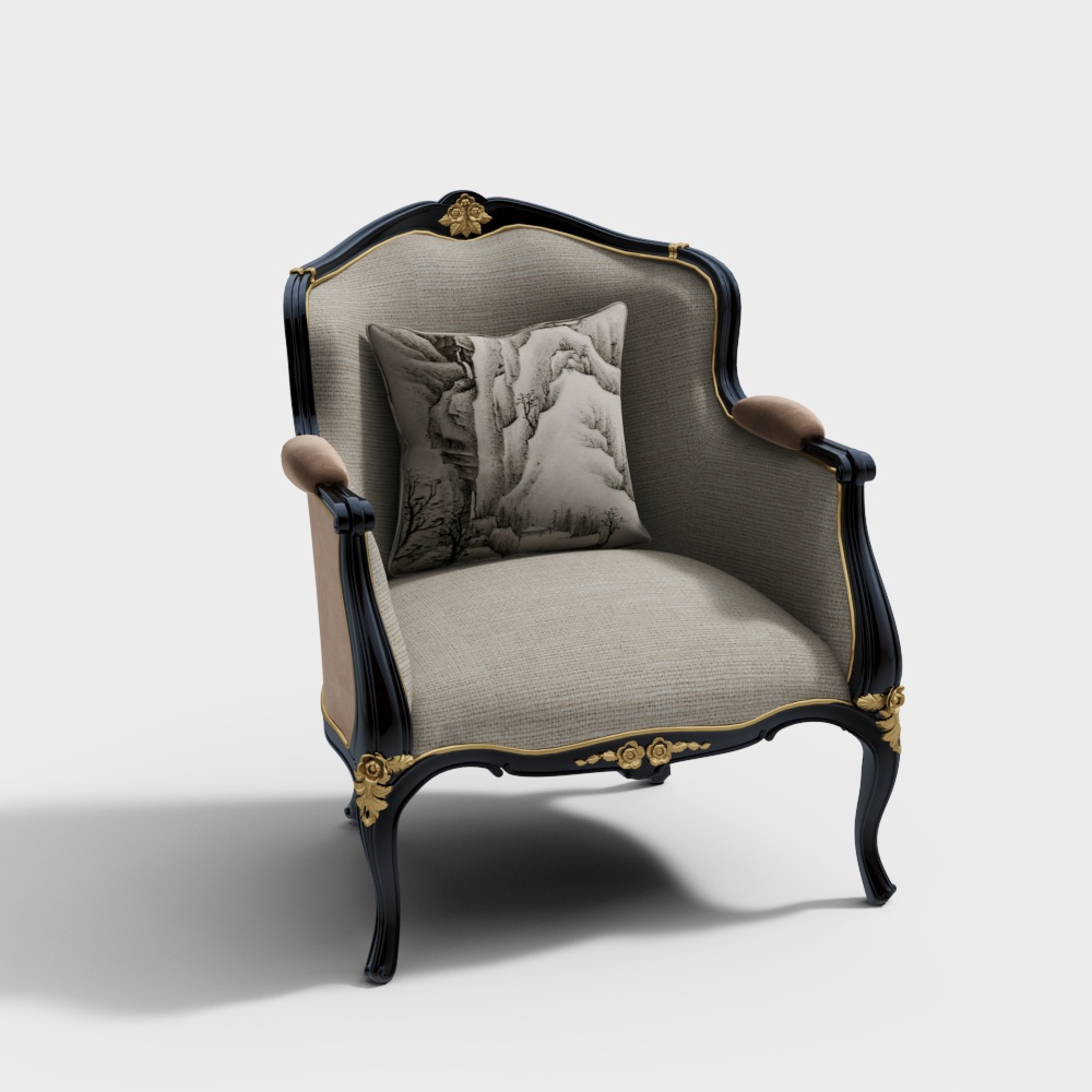 Regal Armchair 3D Model – Black Lacquer & Gold
