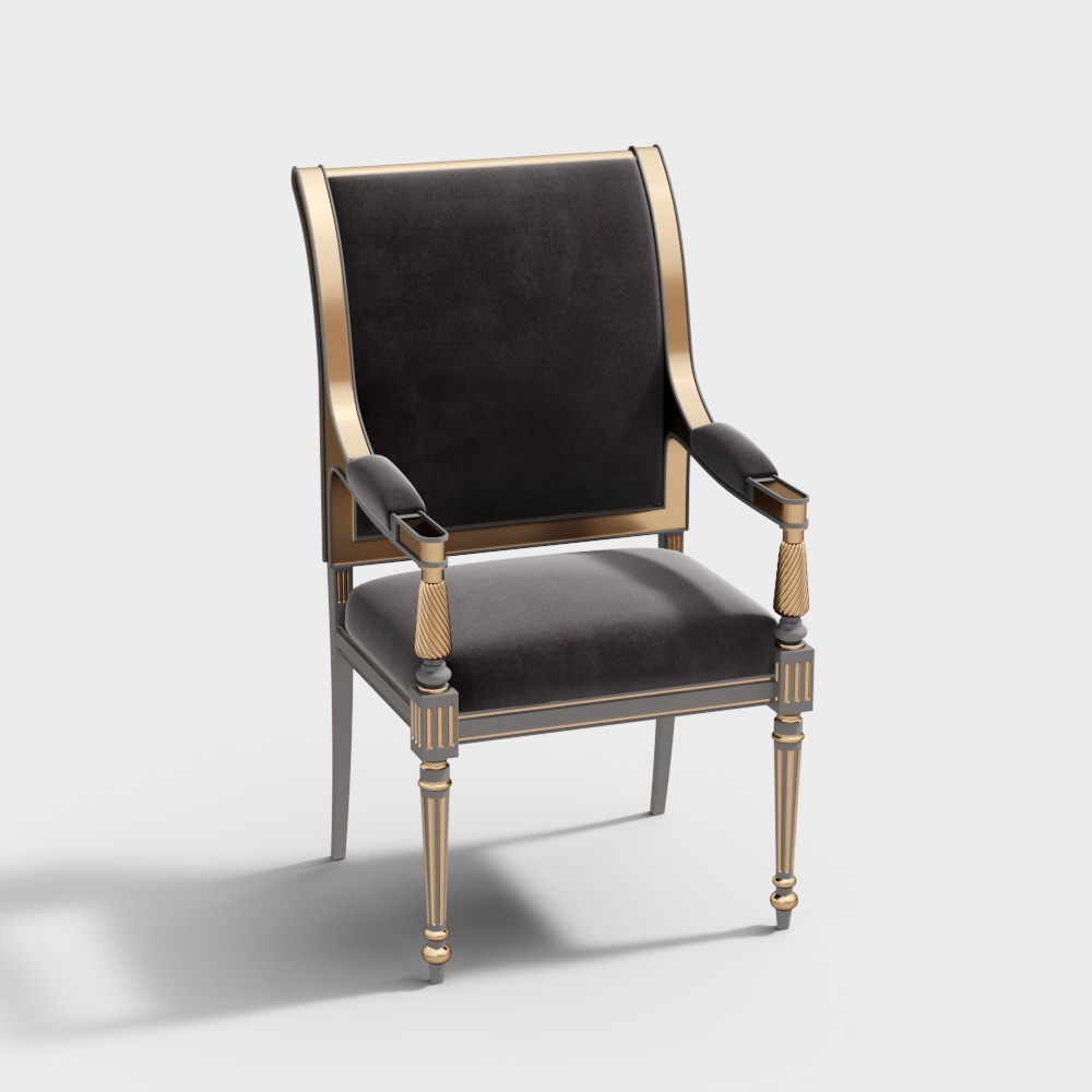 Classical Elegant Armchair 3D Model – Black Leather & Gold