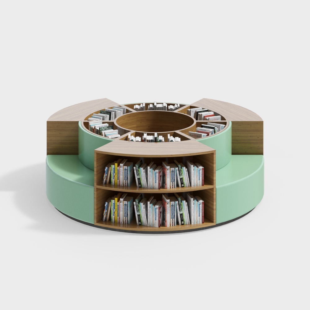 Round Harmony Bookshelf 3D Model – Low-Poly Wood & Green