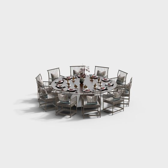 Elegant Low-Polygon Dining Table and Chair Set 3D model