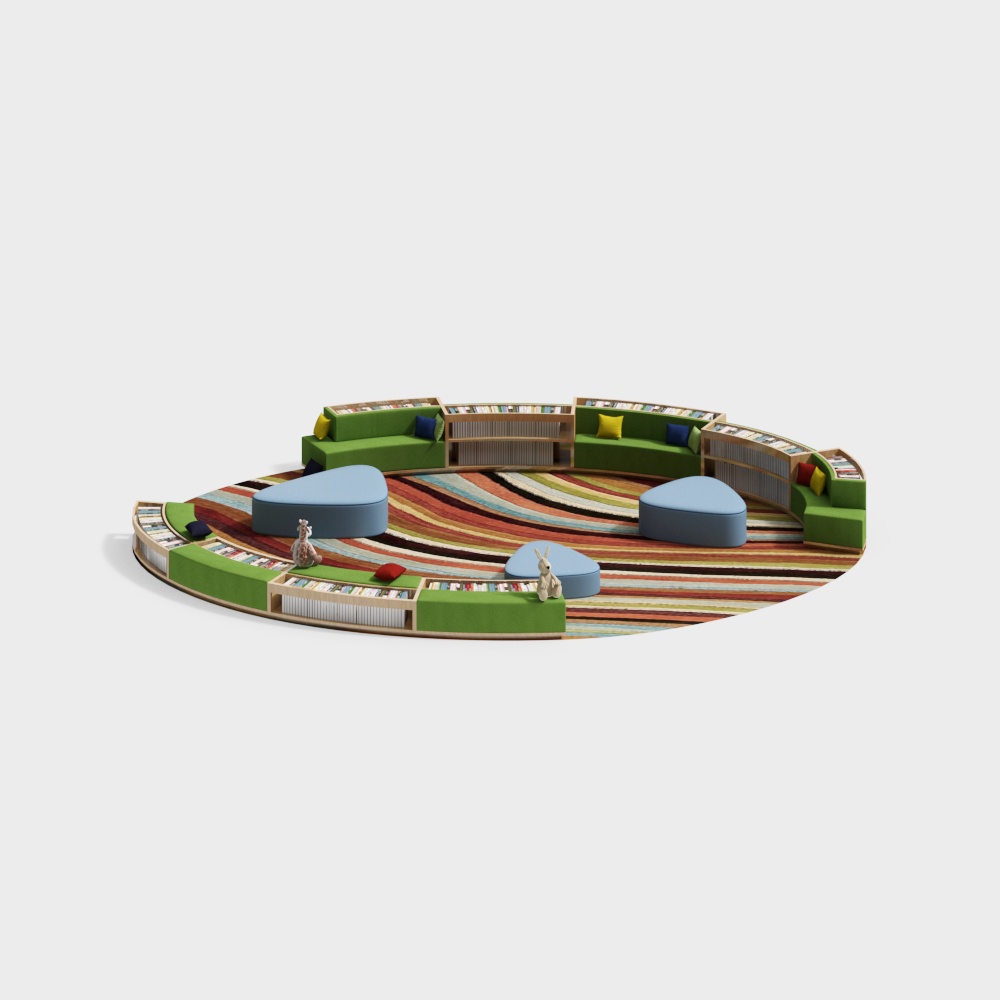 Curved Library Corner 3D Model – Warm Wood & Green Tones