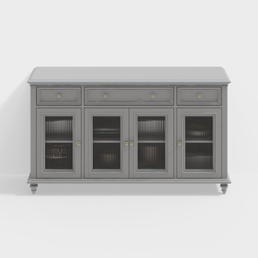 Elegant Storage Cabinet 3D Model – Gray with Gold Handles