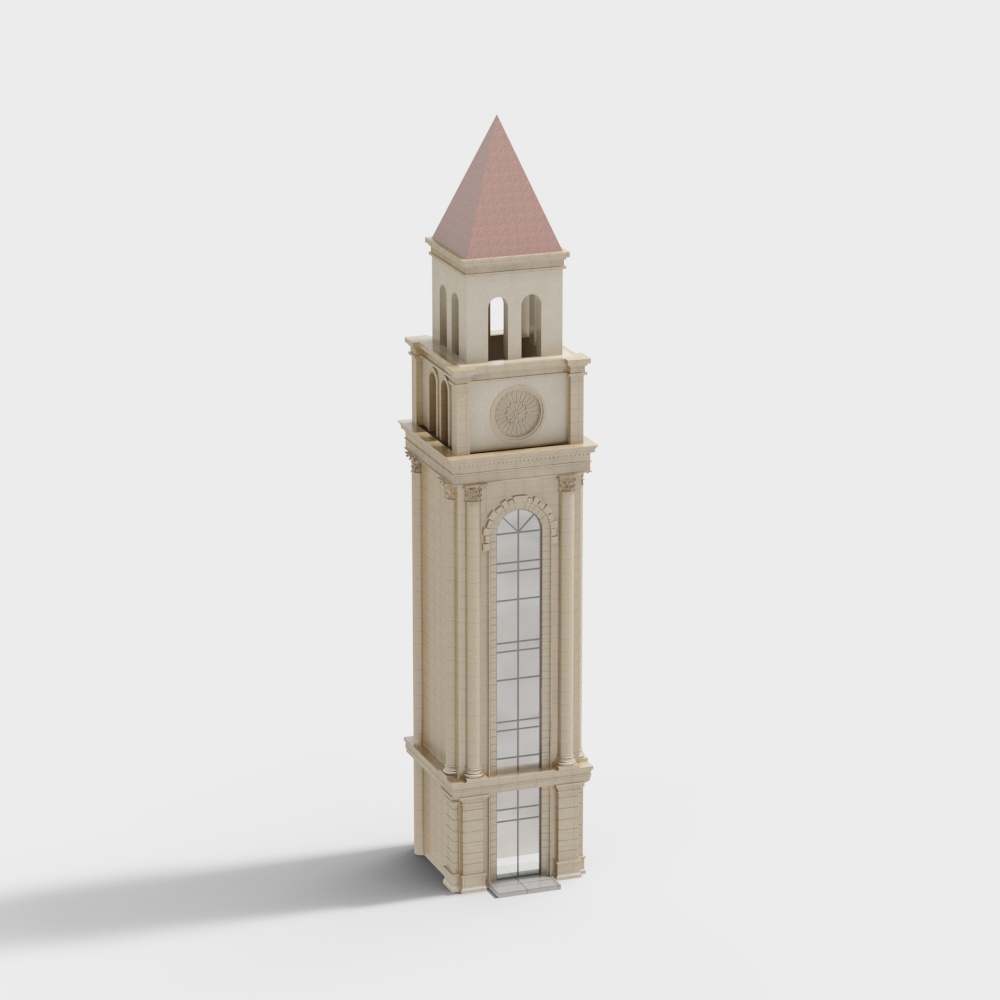 Charming Clock Tower 3D Model – Beige Brick & Red Spire