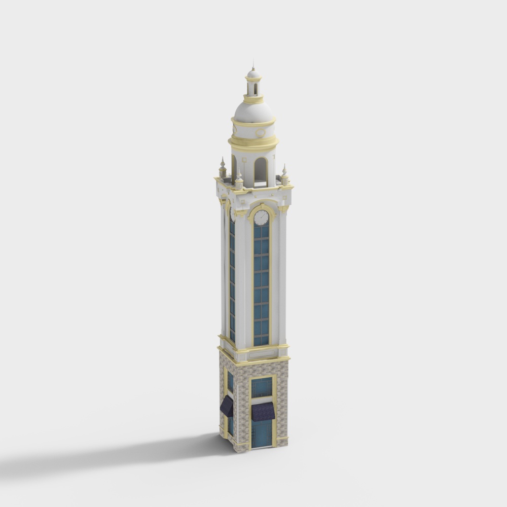 Elegant Clock Tower 3D Model – Low-Poly White and Gold Design