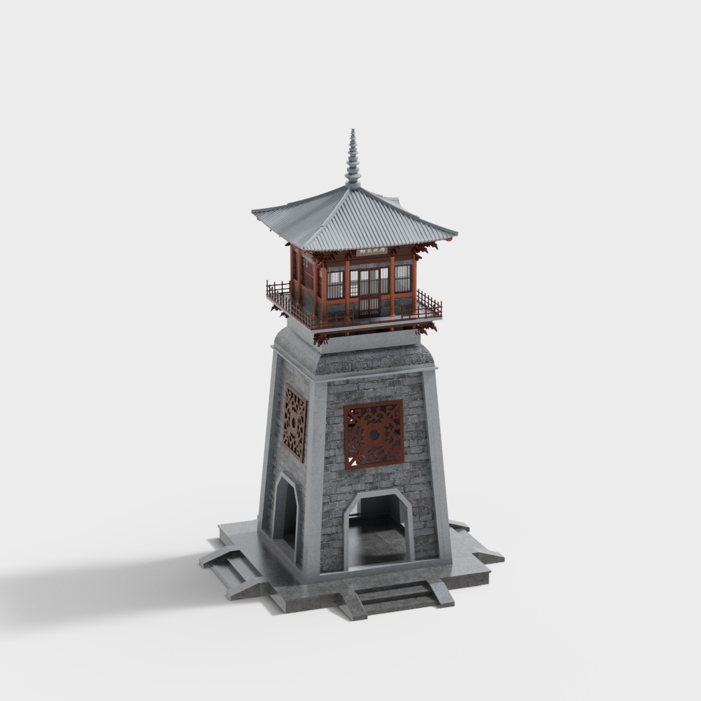 Oriental Low-Polygon Tower 3D Model – Stone & Wood Design