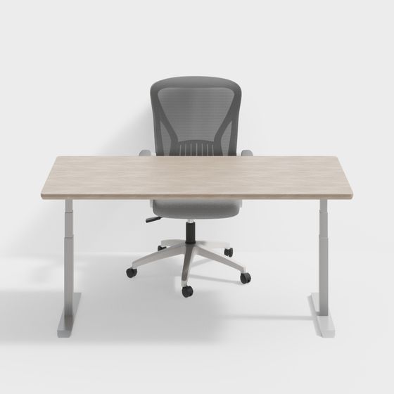 Elegant Wood Color Internet Cafe Table and Chair Set 3D Model