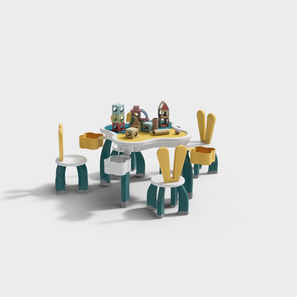 Children's Table and Chair Set 3D Model – Colorful Low-Poly Design