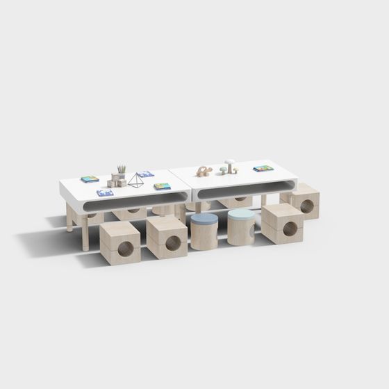 Wooden Themed Kids Table and Chair Set 3D model