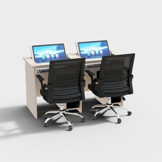 Modern Double Desk and Chair 3D Model for Office Spaces