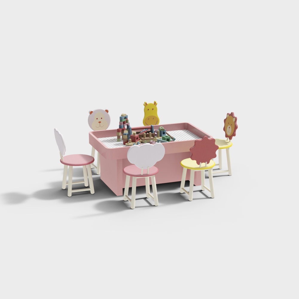Dreamy Kids Table and Chair Set 3D Model – Colorful Low-Poly Furniture