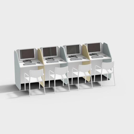 Computer Classroom Desk and Chair Combination 3D Model in Gray