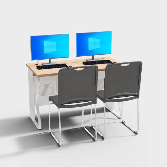 Modern Minimalist Dual Screen Desk and Chair Set 3D model