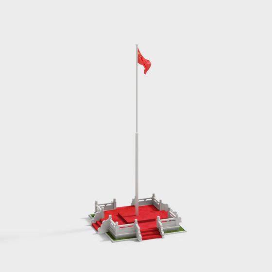 Solemn Flagpole 3D Model with Chinese Flag