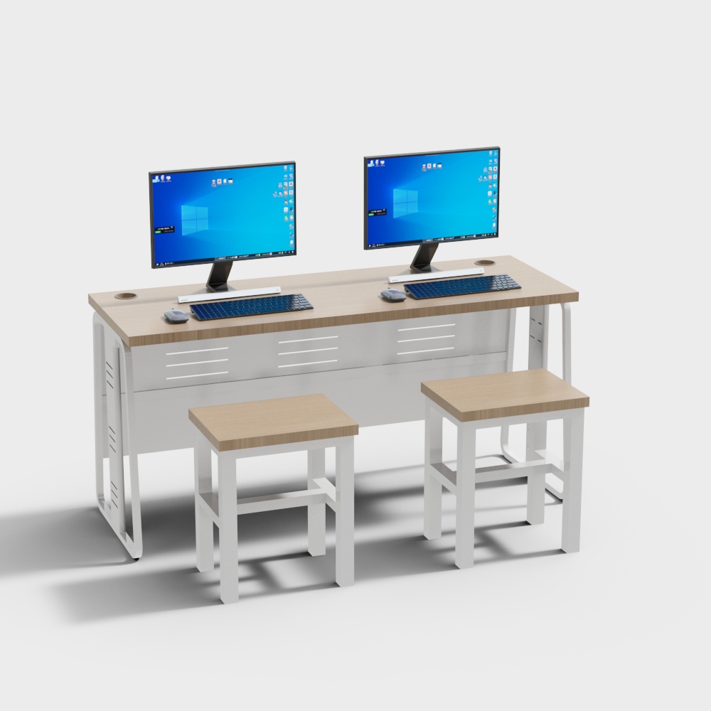 Modern Minimalist Dual Monitor Desk 3D model