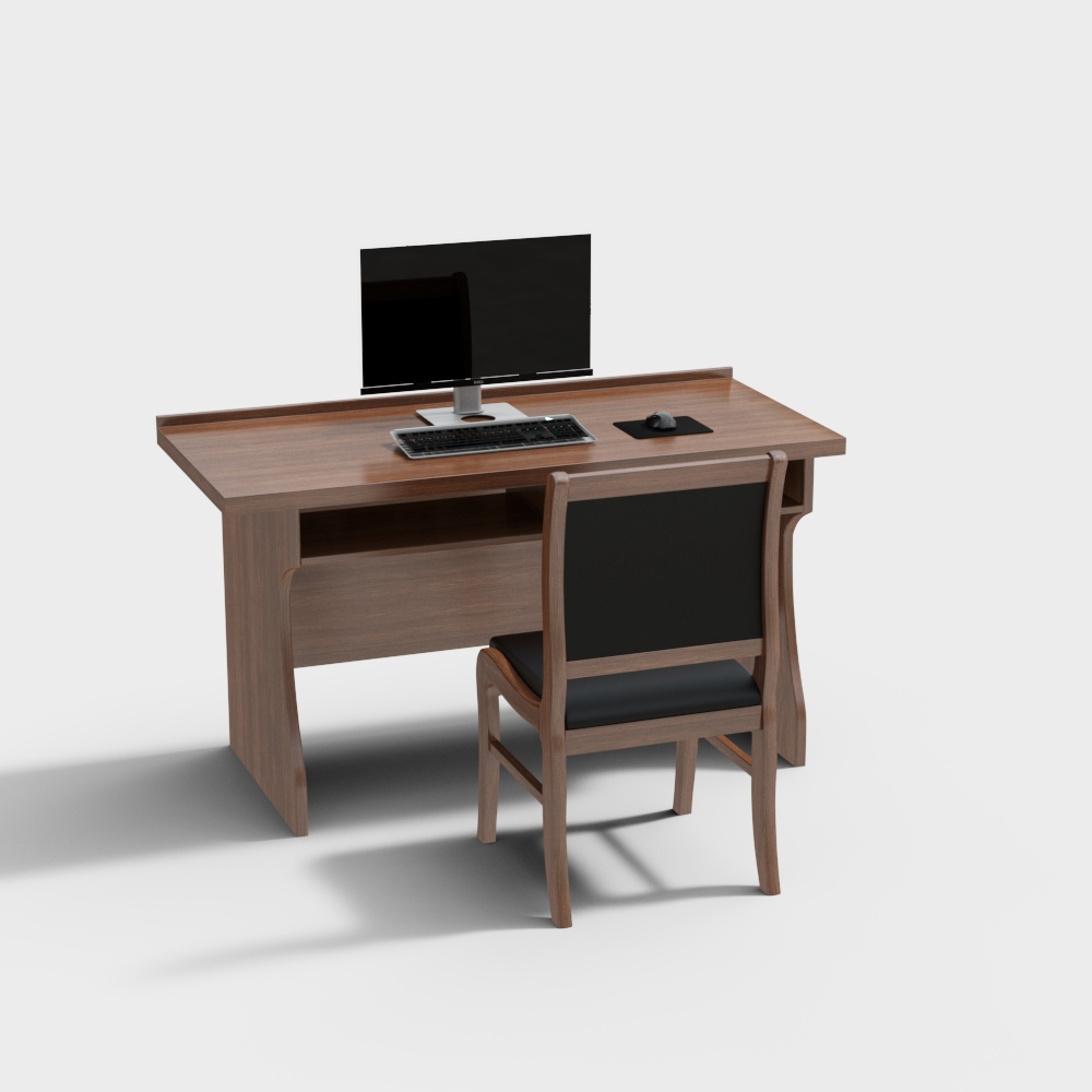 Modern Minimalist Workspace 3D Model – Wood and Black Chair