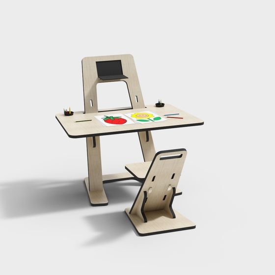 Stylish Children's Study Desk and Chair 3D model
